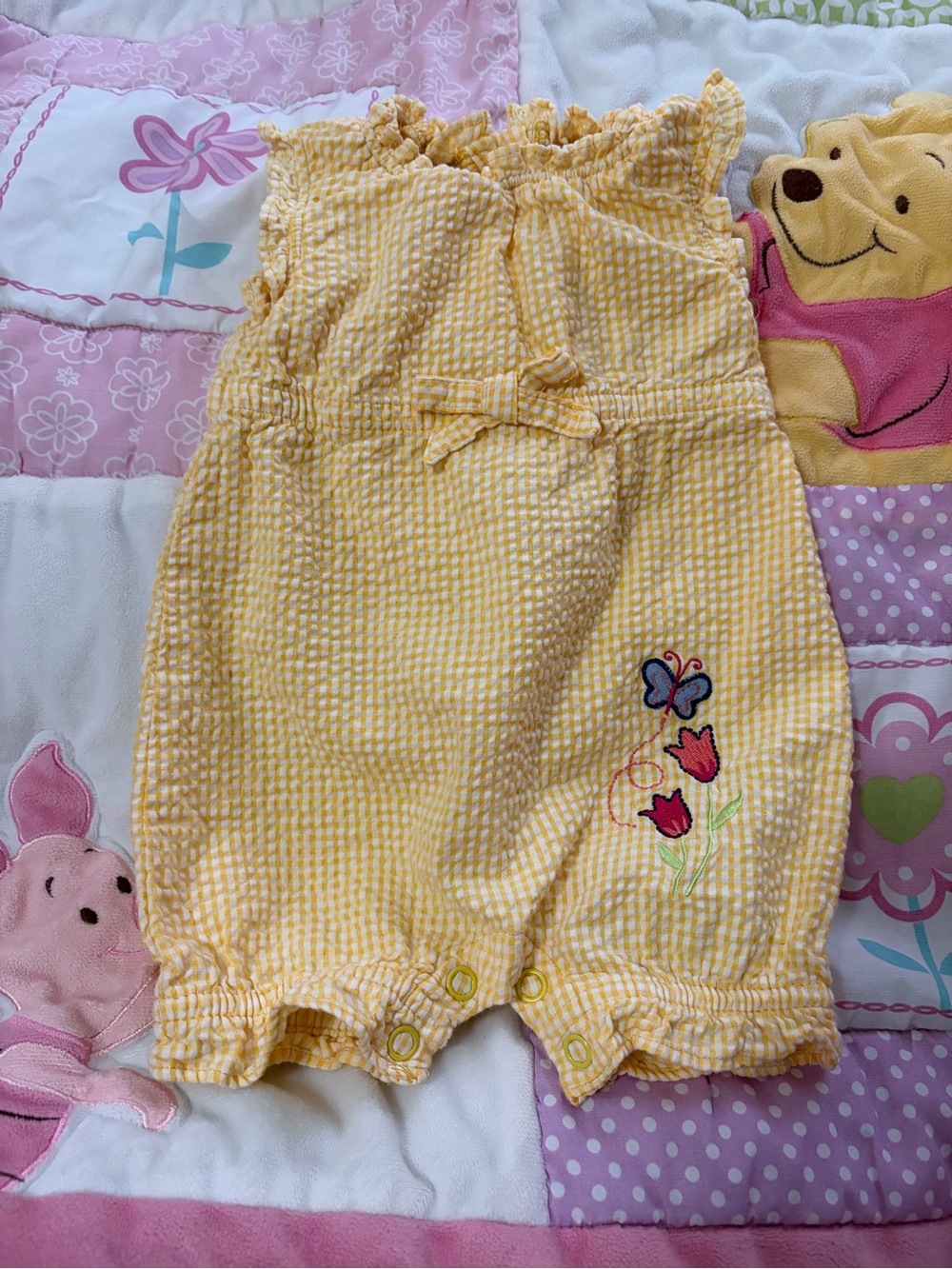 VTG 90s Simply Basic Seersucker Gingham Check Yellow Baby Summer Romper 3-6M